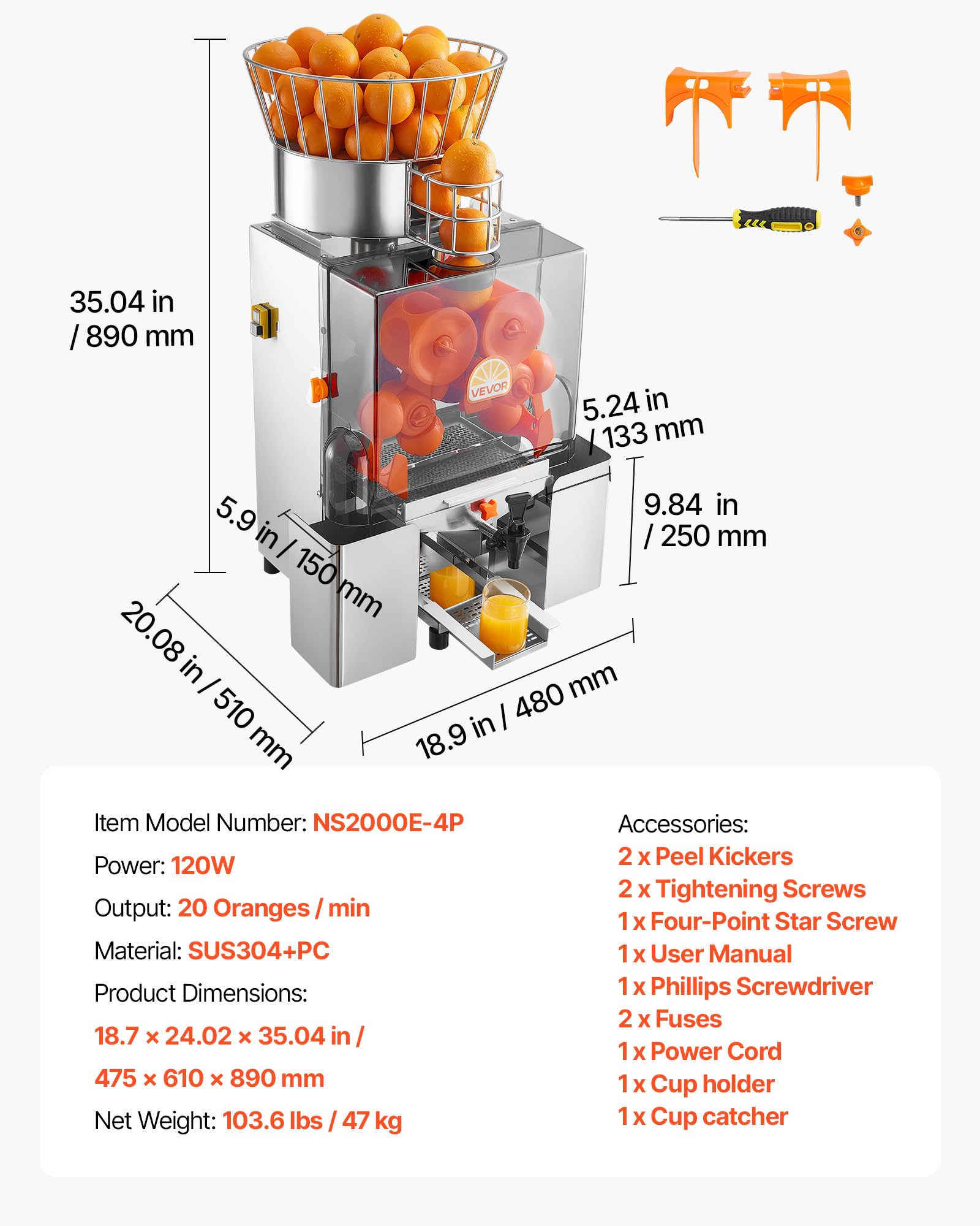 VEVOR Máquina Exprimidora Automática de Naranjas Comercial 120 W con Grifo, De Acero Inoxidable y PC, Con 2 Recipientes, Capacidad para Hasta 20 Naranjas por Minuto, Para Limones y Cítricos 55-80 mm