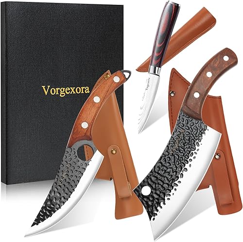 Juego de 3 cuchillos de chef de carnicero para cocina, cuchillo de carne y cuchillo de pelar, cuchillos de acero de alto carbono forjados a mano con