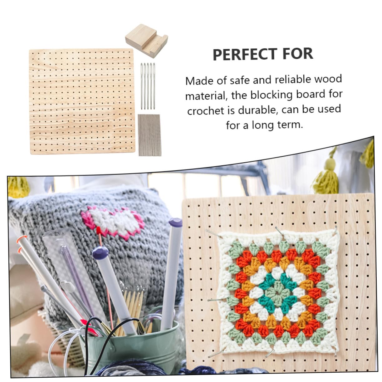 Artibetter Blockierbrett zum Häkeln Holzbrett für Häkelprojekte Steckbrett mit Nadeln Handarbeitszubehör für Stricken und Häkeln Quadratisches Blockbrett aus Robustem Material