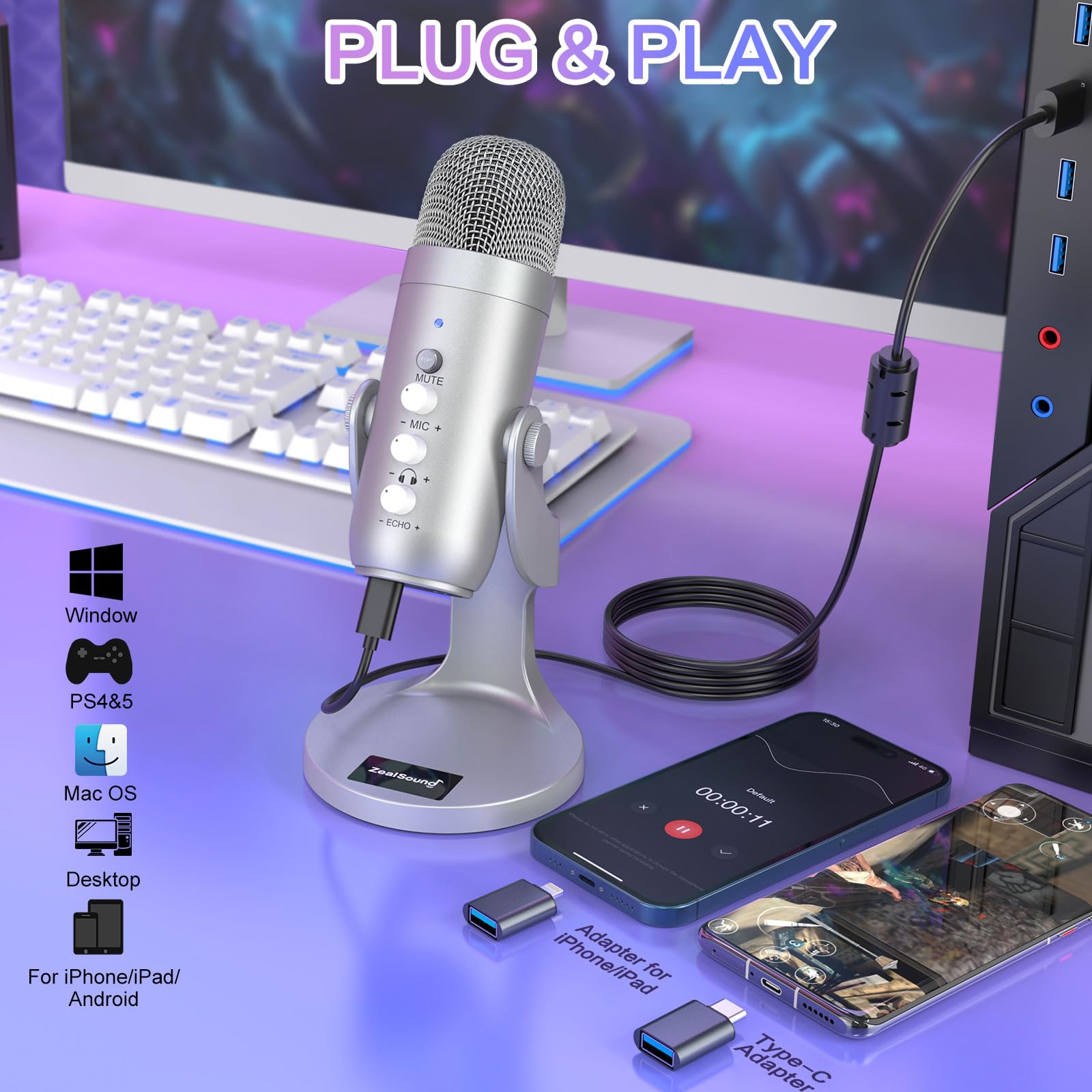 zealsound Microfono USB k66 Argento Podcast Microfono per PC Cellulare PS4&5, con Cancelling/Mute/Echo/Volume Knof, per gaming, registrazioni, streaming, Youtuber, compatibile con Mac, Winows