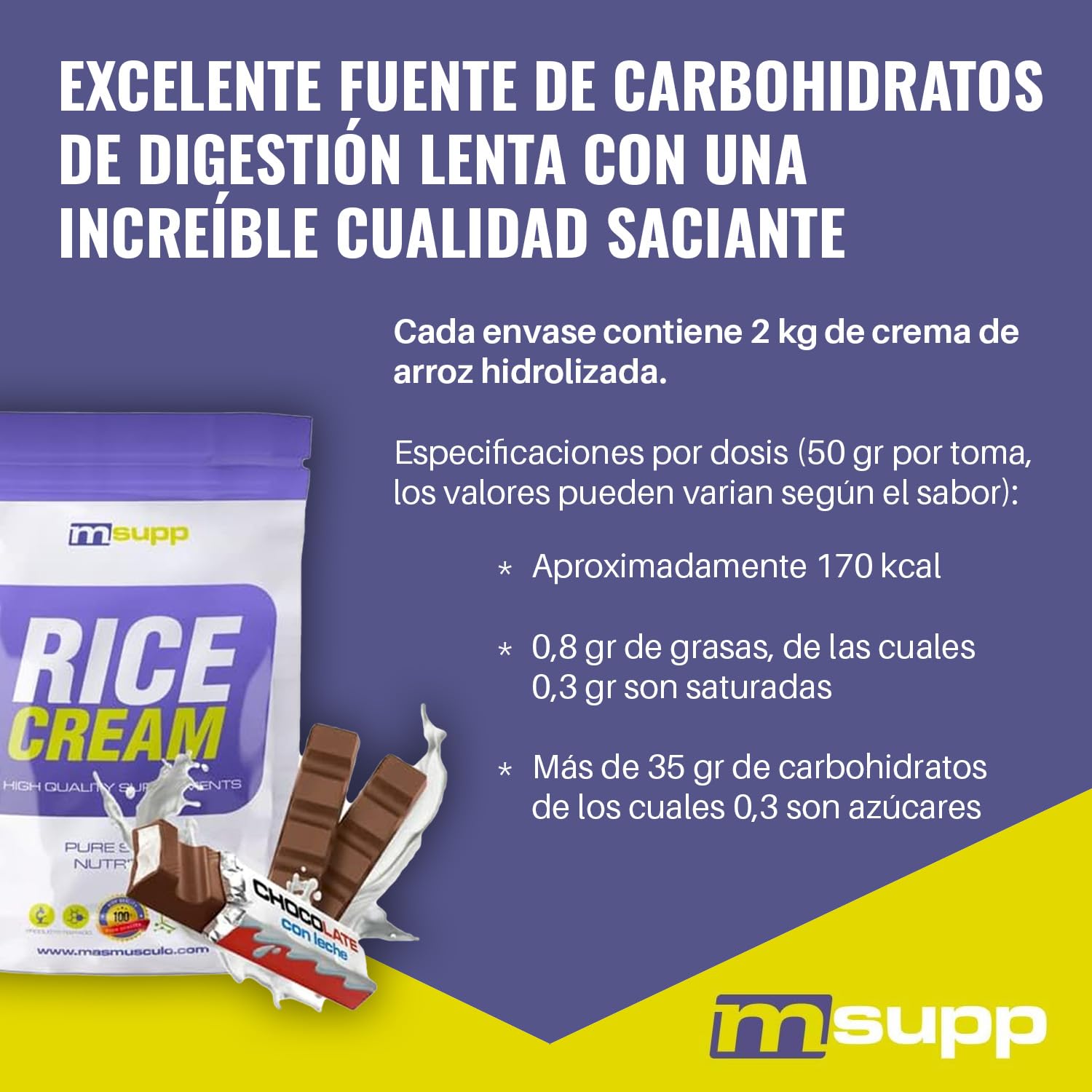 MASmusculo - Crema di Riso Fitness - Polvere - Vasetto da 2 kg - Fonte di Carboidrati - Appetito Soddisfacente - Ideale da Miscelare con Proteine ​​- Gusto Cioccolato al Latte