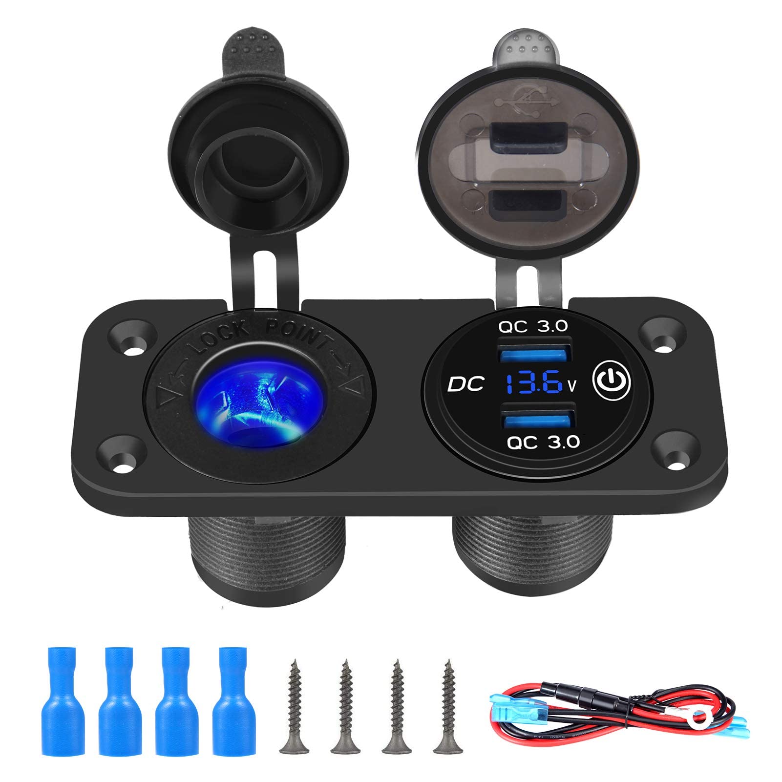 SYOSI QC 3.0 Car USB for Charger, Socket Cigarette Lighter Socket 12V/24V Power Outlet with LED Digital Voltmeter and Touch Switch for Car Boat Marine(Black)