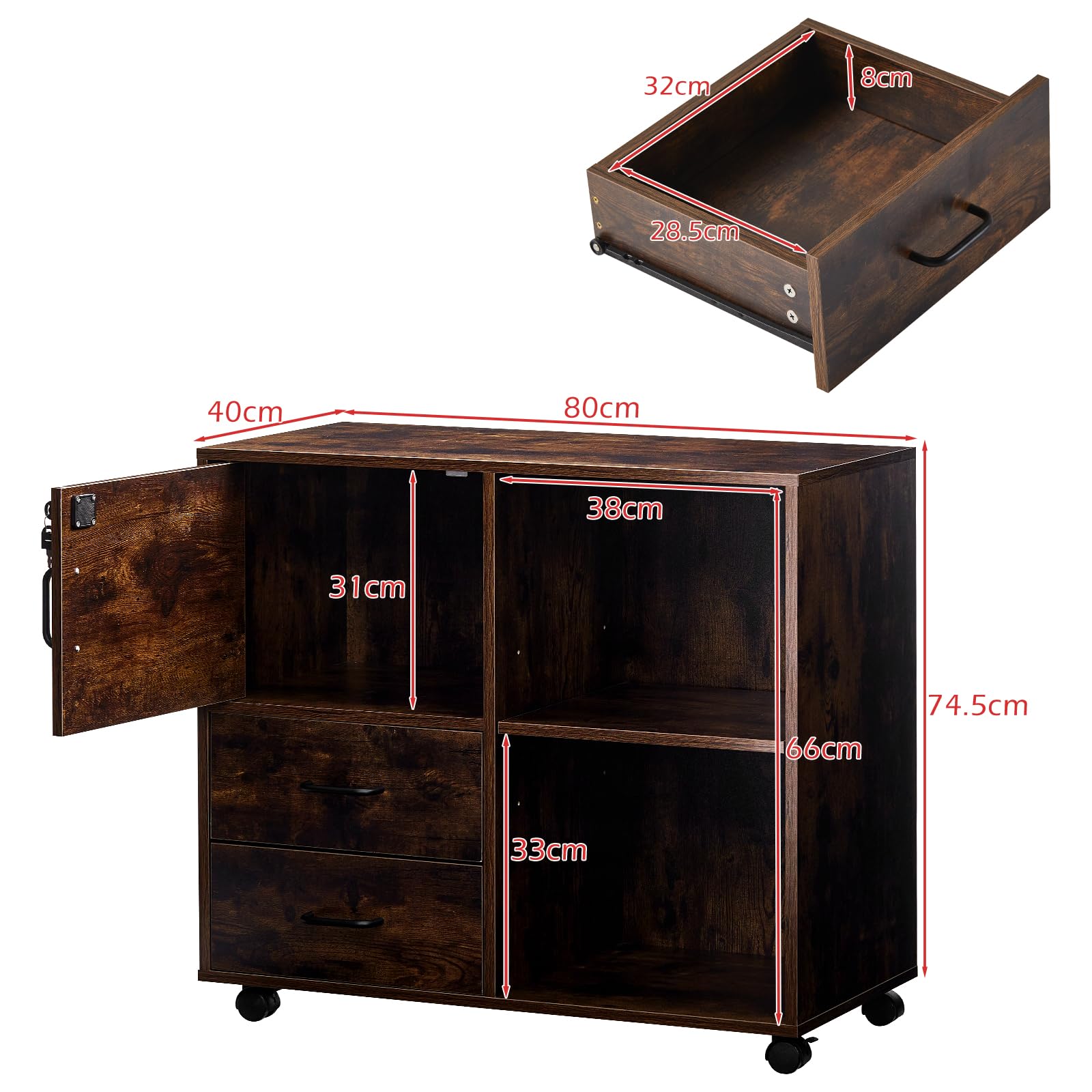 TUKAILAI Rollcontainer, Mobile Aktenschränke, Aktenschrank mit 2 Schublade 2 Regal, Büroschrank mit 4 Rollen 1 Tür, Home Office Lagerung Aktenschrank Abschließbar, 80 x 40 x 74.5 cm, braun