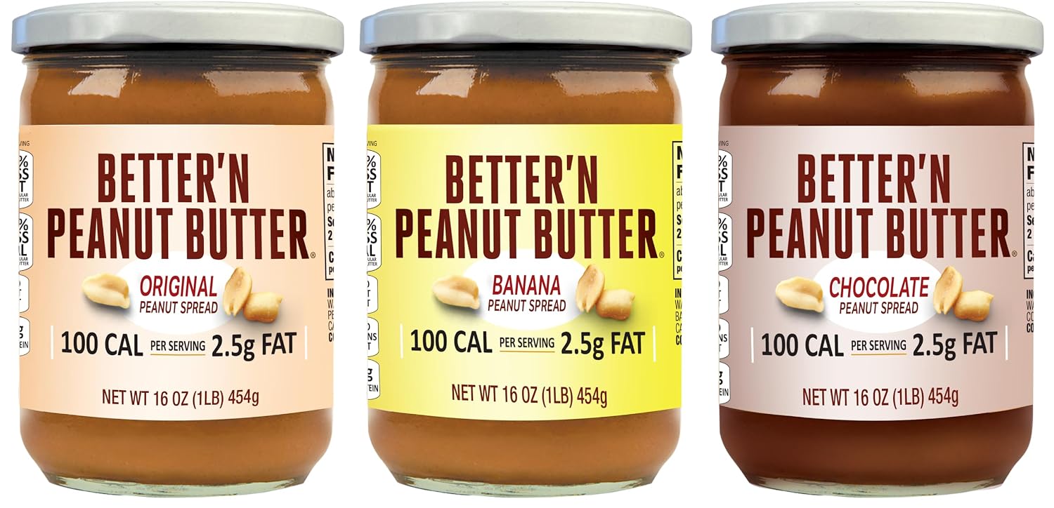 Pack of 3, Better'n Peanut Butter Variety, Original, Banana, and Chocolate Peanut Spread, Low Fat and Gluten Free, 16 Ounces, (1 of each flavor)