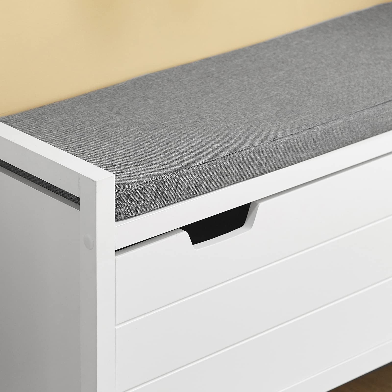 SoBuy Panca scarpiera con cuscino 91x30x50cm per ingresso | Cassapanca contenitore in MDF melaminato con cuscino 5cm, carico 120kg, bianco elegante FSR97-W