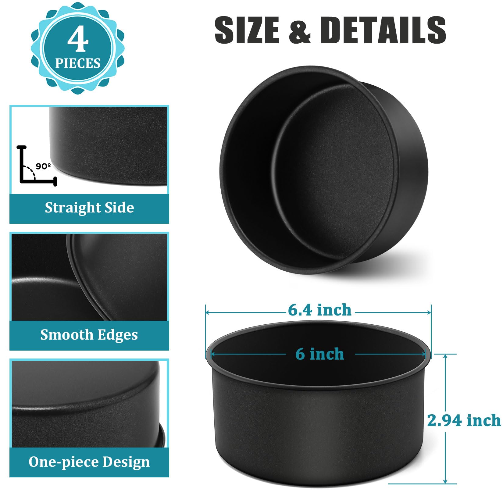 P&P CHEF Lot de 4 moules à gâteau ronds antiadhésifs de 15,2 x 7,6 cm - Design lourd et monobloc, noyau en acier inoxydable, noir