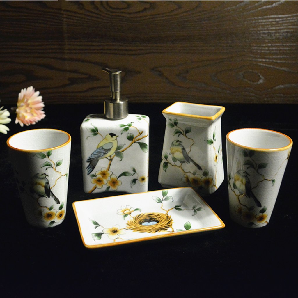 HYLR Bathroom Suite Ceramica crepa per Il Ghiaccio in Stile Cinese Bagno 5 Pezzi Incluso Dispenser per Sapone Portaspazzolino Porta detersivo per sciacquone
