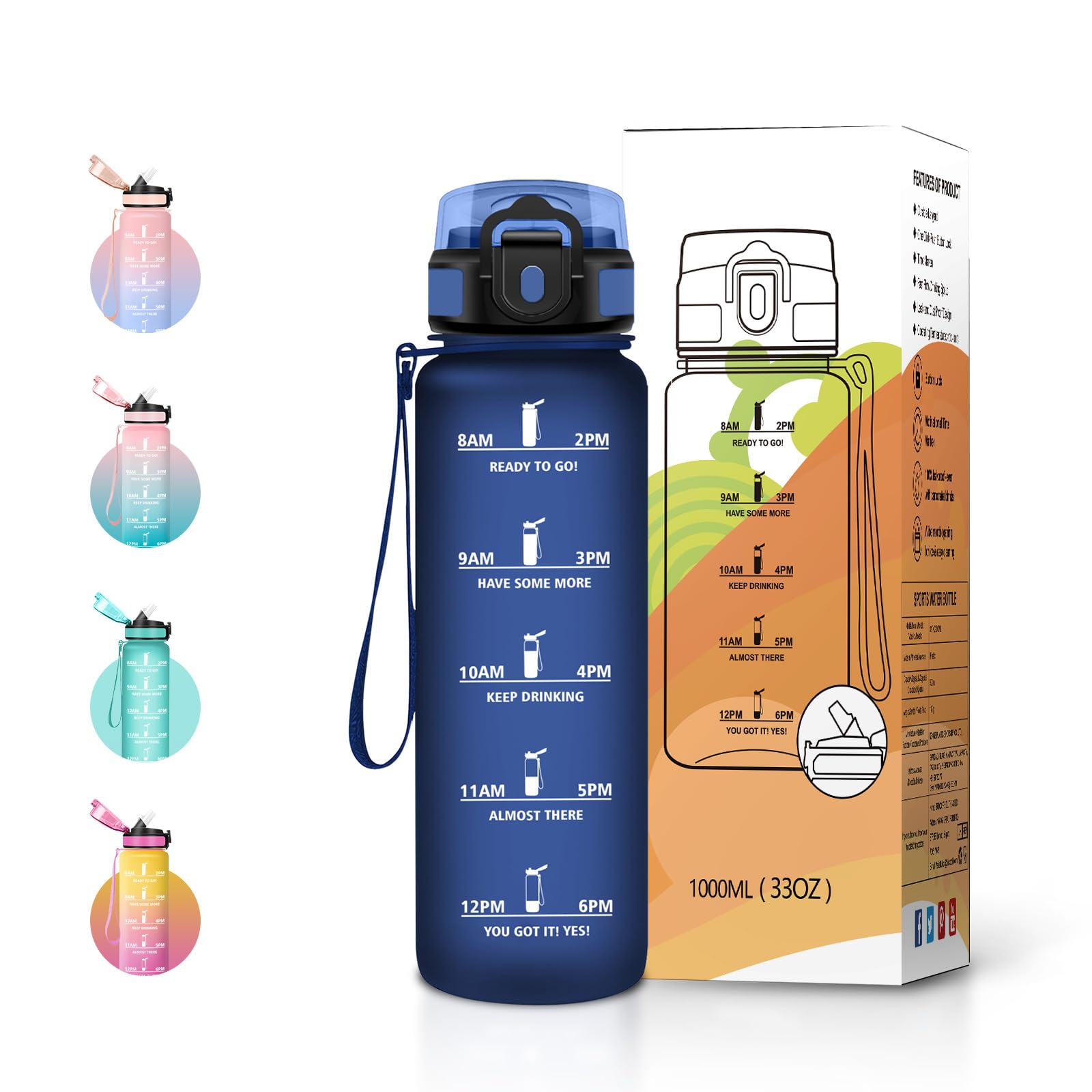 JAPORIA 1L Water Bottle with Straw and Motivational Time Marker, Reusable, BPA Free, Leak-proof Water Bottle Ideal for Fitness, School and Office