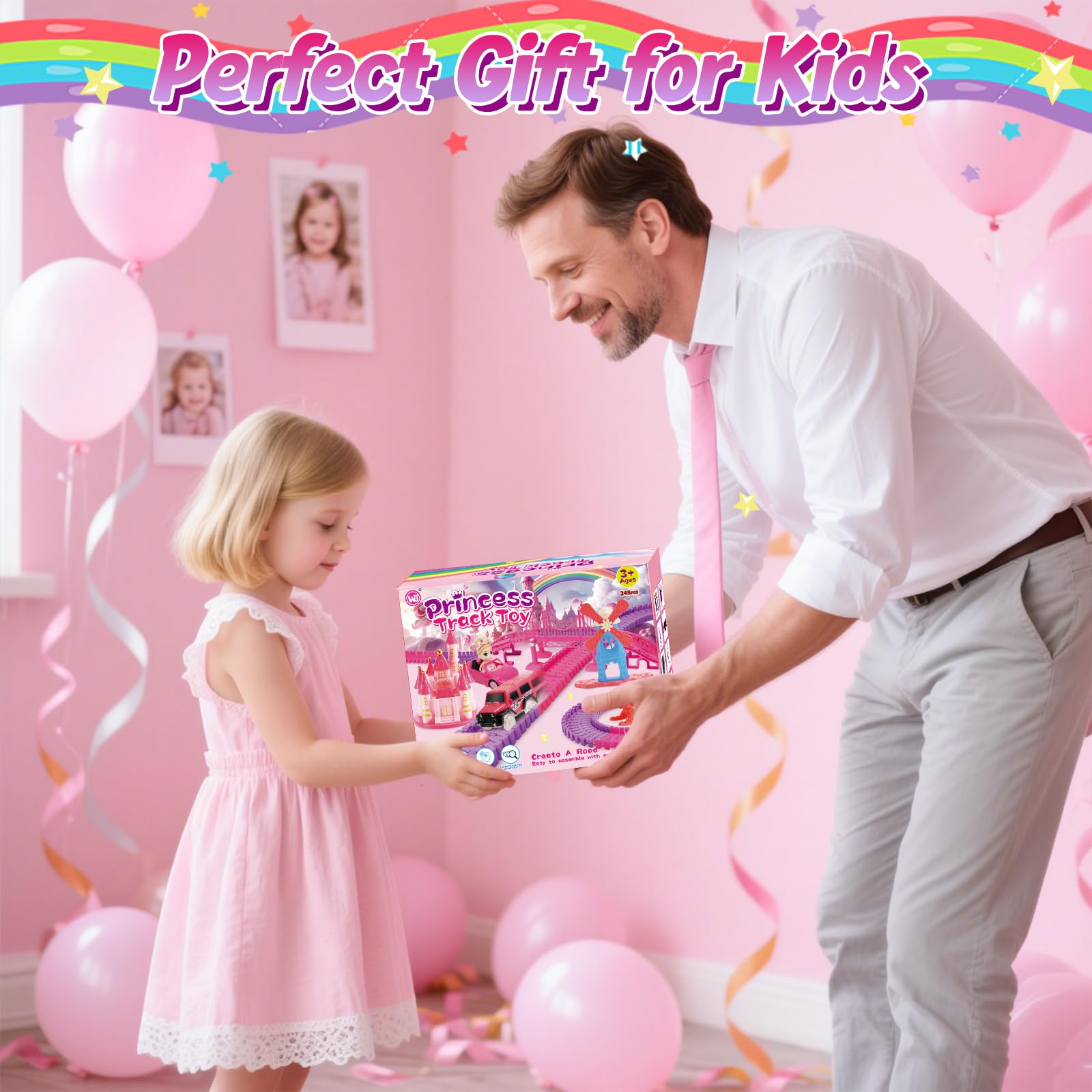 Rocky&Chao Circuit de Voitures Jouet 248 pièces avec poupée, Piste Flexible Rose avec Voitures, Jeu Enfant Fille dès 3 4 5 6 Ans