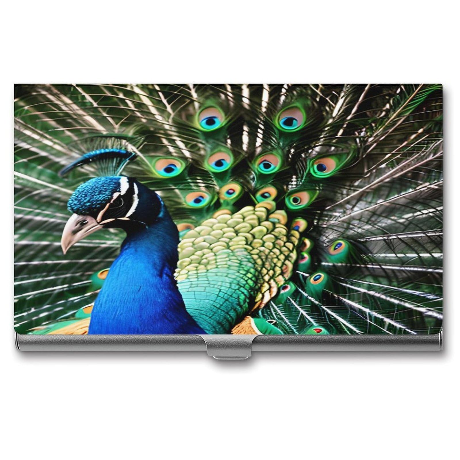 JTREHY Peacock Business Card Holder Slim Purse Name Card Holder Portable Metal Business Card Case Wallet Large Capacity Lightweight Business Card Case for Men Women