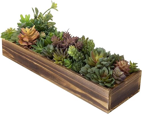MyGift Centro de mesa de suculentas artificiales plantas de arreglo de suculentas sintéticas de 1575 pulgadas en caja rectangular de madera quemada