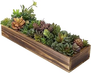MyGift Artificial Succulent Centerpiece, 15.75 Inch Faux Succulents Arrangement Plants in Rustic Burnt Wood Rectangular Planter Box
