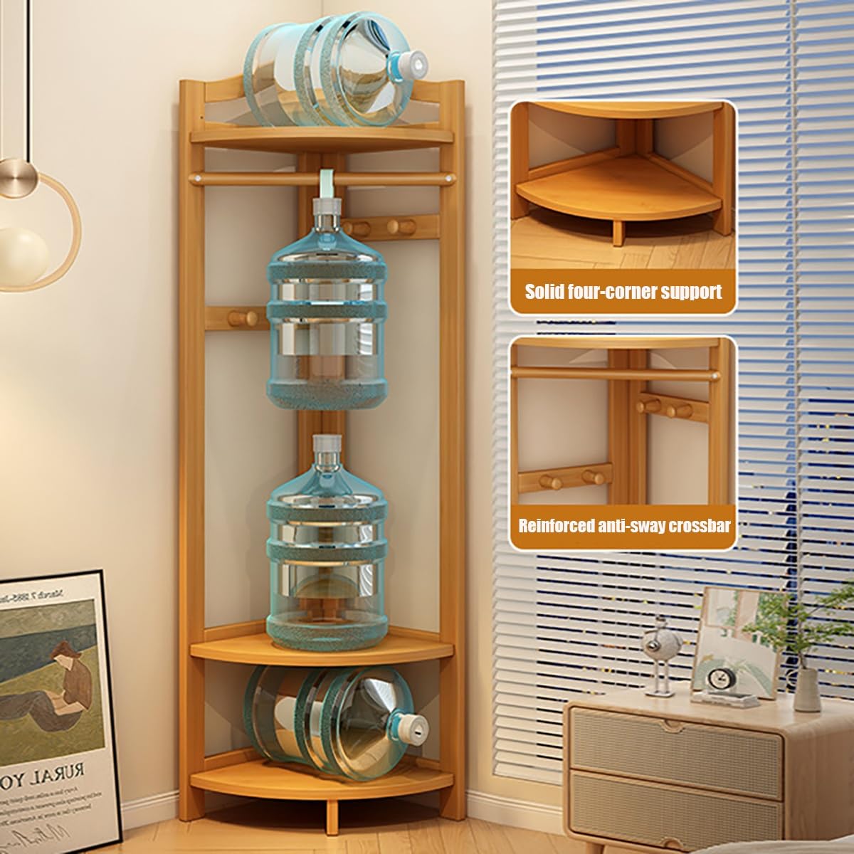 Perchero esquinero de bambú natural con estante, multifuncional para entrada de árbol de pasillo con ganchos y almacenamiento para dormitorio, sala de estar y pasillo