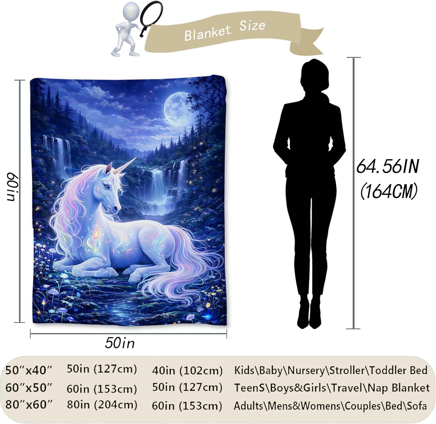 Magical Unicorn Under Moonlight Blanket Gifts, Waterfall & Starry Night Forest Flannel Throw Blanket for Couch, Bed, Travel & Decor, Cozy Lightweight Blankets for Women Girls Kids 60×50 in