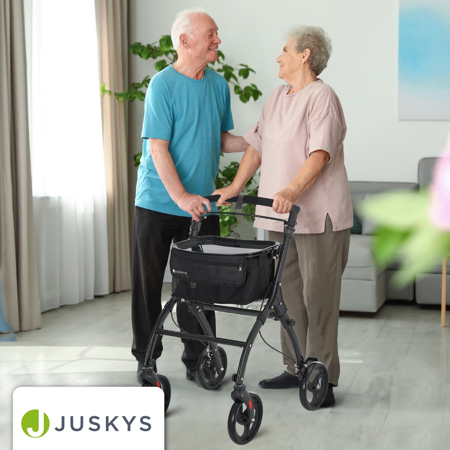 Juskys Aluminium Wohnungsrollator Aktiv mit Transporttasche & Tablett - Indoor Rollator schmal, leicht & faltbar - Gehhilfe für Senioren - Schwarz