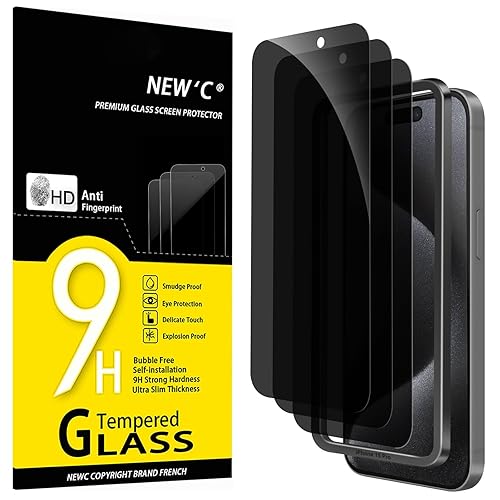 NEW'C 3 Pack Privacy for iPhone 15 Pro Screen Protector (6.1 inches), Anti-Spy Tempered Glass Film,Case Friendly Ultra Resistant,Balanced 28-Degree Privacy Angle - Easy installation tool included