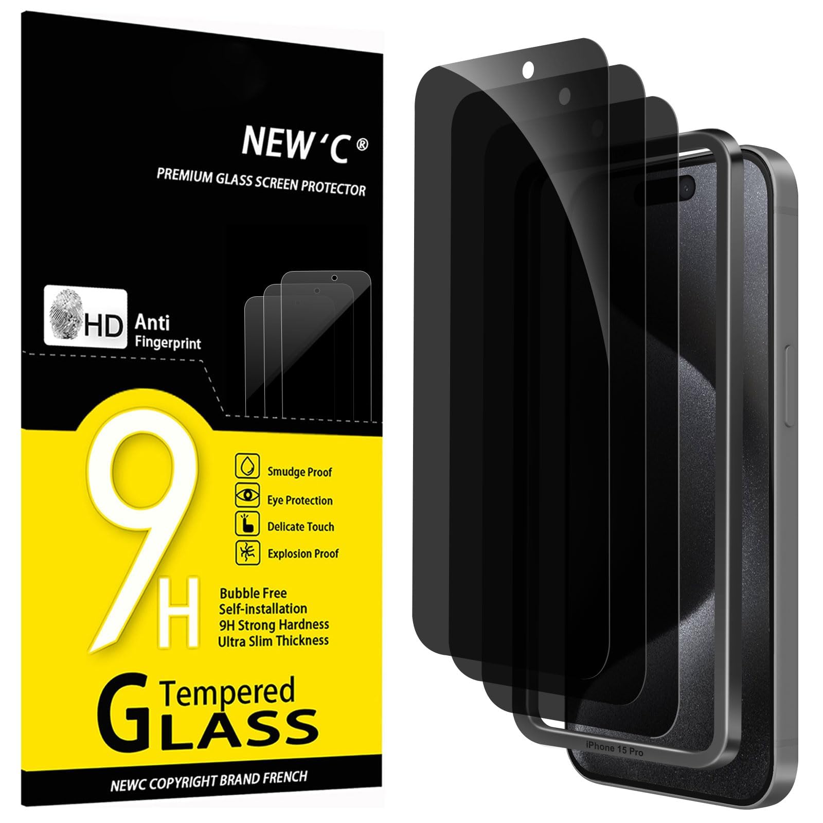 NEW'C 3 Sztuki, Prywatność Ochraniacz Ekranu dla iPhone 15 Pro (6,1 cala), Antyszpieg Folia ochronna ze szkła hartowanego,Zrównoważony Kąt Prywatności 28 Stopni- Zawiera narzędzie ułatwiające montaż
