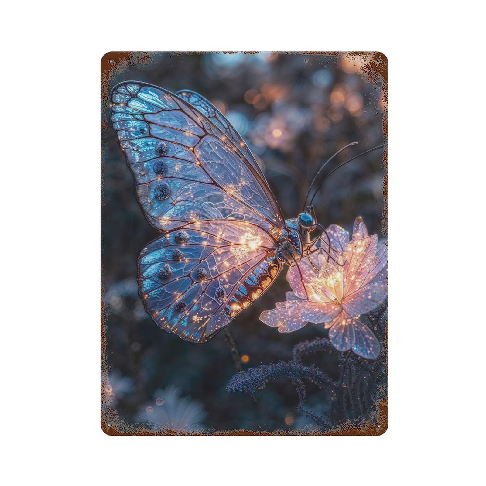 Glowing Butterfly on Flower Aged Metal Wall Plaque 15.7"x11.8", Industrial Home Decor for Pub, Kitchen And Man Cave Decor