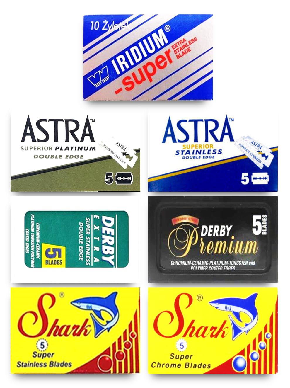 Astra-Derby-Wizamet- Shark 40 Quality Double Edge Razor Blades Sampler 7 different brands