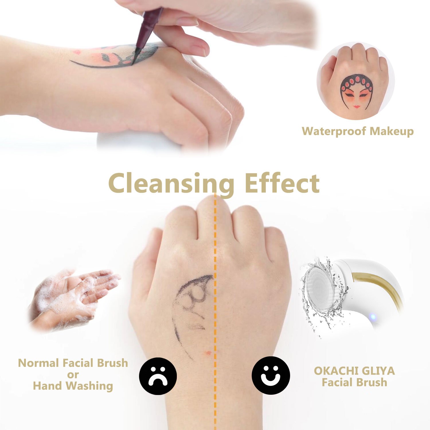 OKACHI GLIYA Cepillo Facial Limpiador Eléctrico con IPX7 Impermeable del Agua Exfoliante de Piel Limpieza Profunda con 2 Cabezales de Cepillo – Dorado