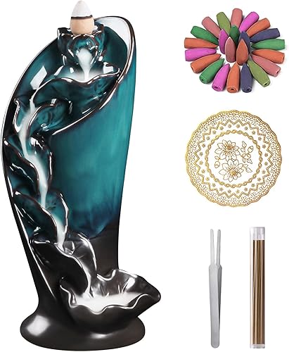 Quemador de incienso de cerámica con diseño de antorcha de cascada con pinzas, 20 conos de incienso y 30 varillas de incienso para decoración del