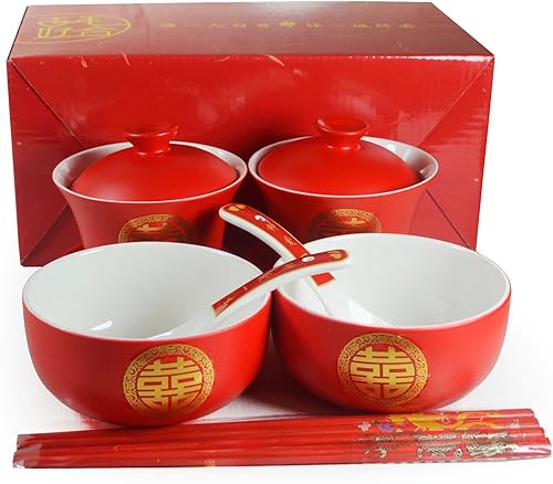 Miniatura 6 de Liang baobao Juego de 2 vajilla china de Gaiwán, cuencos, cucharas de porcelana, doble felicidad para adultos, hombres, mujeres, pareja, boda,