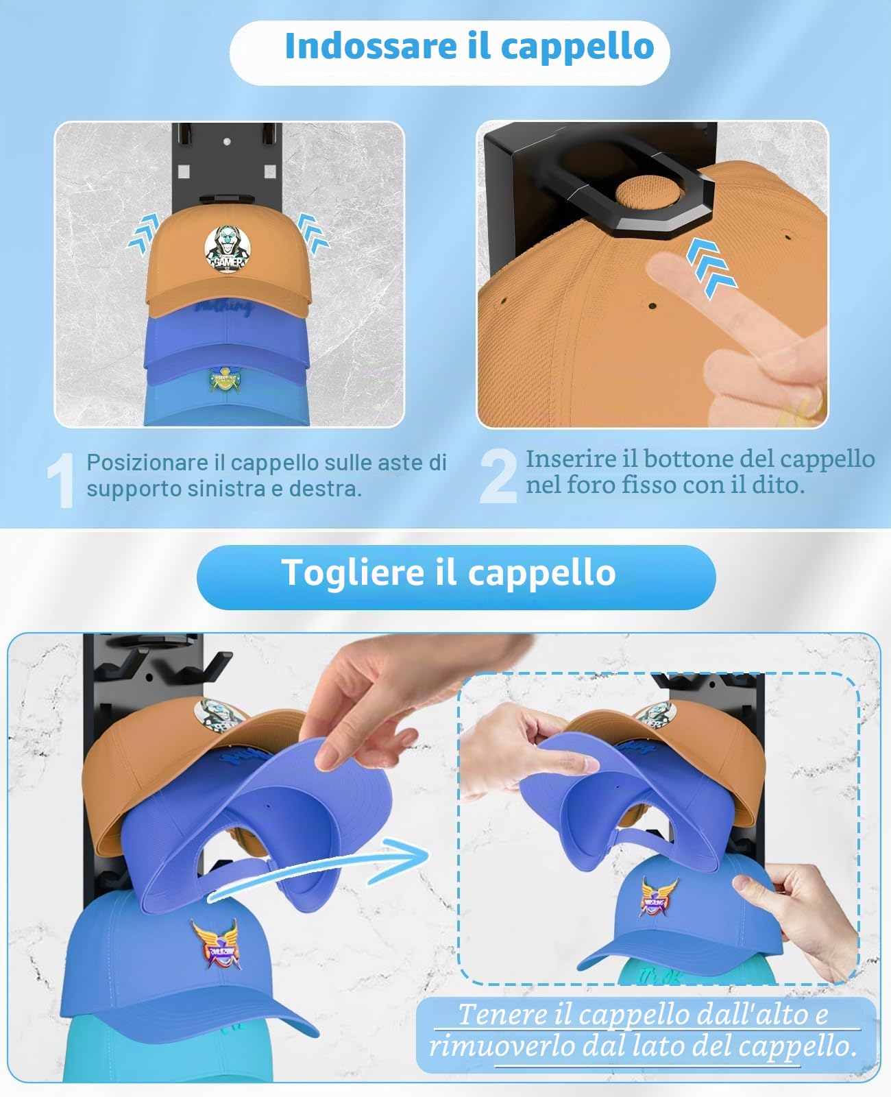 2 supporti autoadesivi per cappelli fino a 18 cappelli, non necessita di foratura, supporto da baseball, supporto da parete, supporto per cappelli per camere, porte, guardaroba (nero)