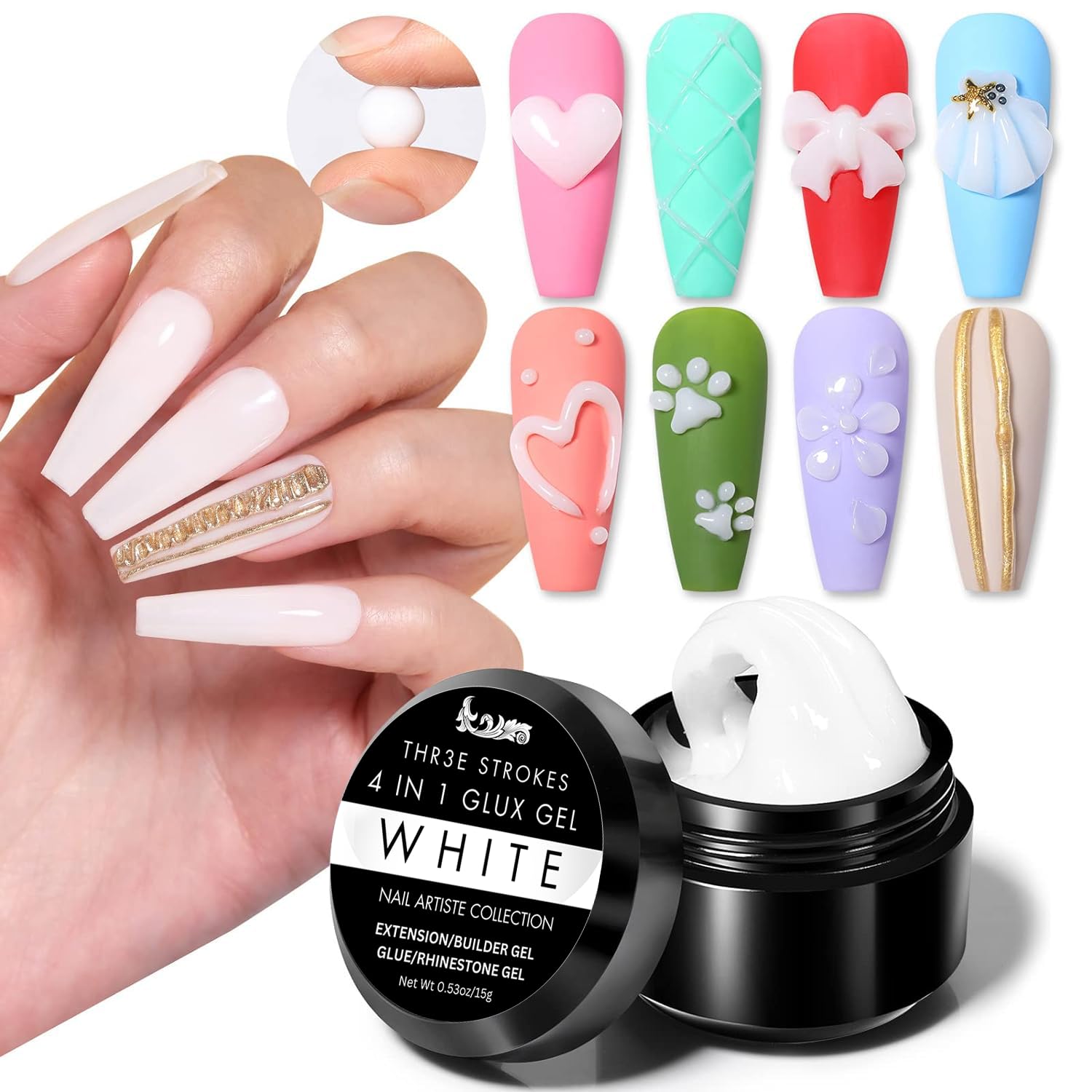 THR3E STROKES Solid Builder Nail Gel,15ML 4 in 1 Nail Extension Gel UV Nail Glue for Acrylic Nails Rhinestones Gel 3D Nail Sculpture Gel 3D Molding Hard Gel for Nails UV/LED Nail Lamp Required (WHITE) (UV/LED LAMP REQUIRED)