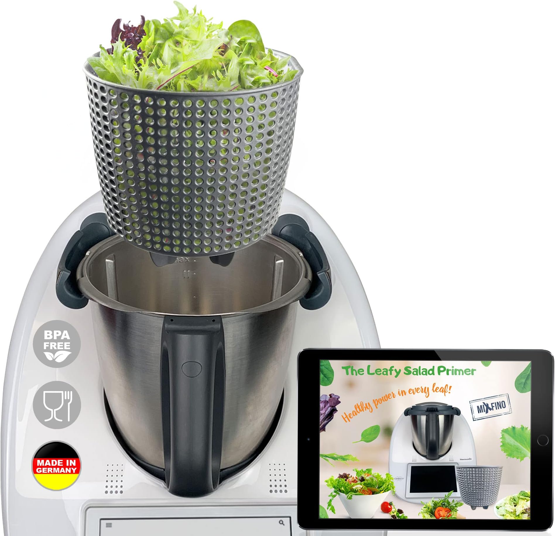 NEW: MixFino Salad Spinner for Thermomix TM6 Accessories TM5 - dry salad at last with your Thermomix TM6 also for TM5 Accessories - Accessories Thermomix TM6 - Made in Germany Quality, Diamond Grey