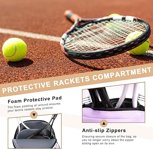 Miniatura 4 de Bolsa de tenis con capacidad para 2 raquetas, bolsas de tenis profesionales para mujeres, mochila de tenis con compartimento ventilado para zapatos