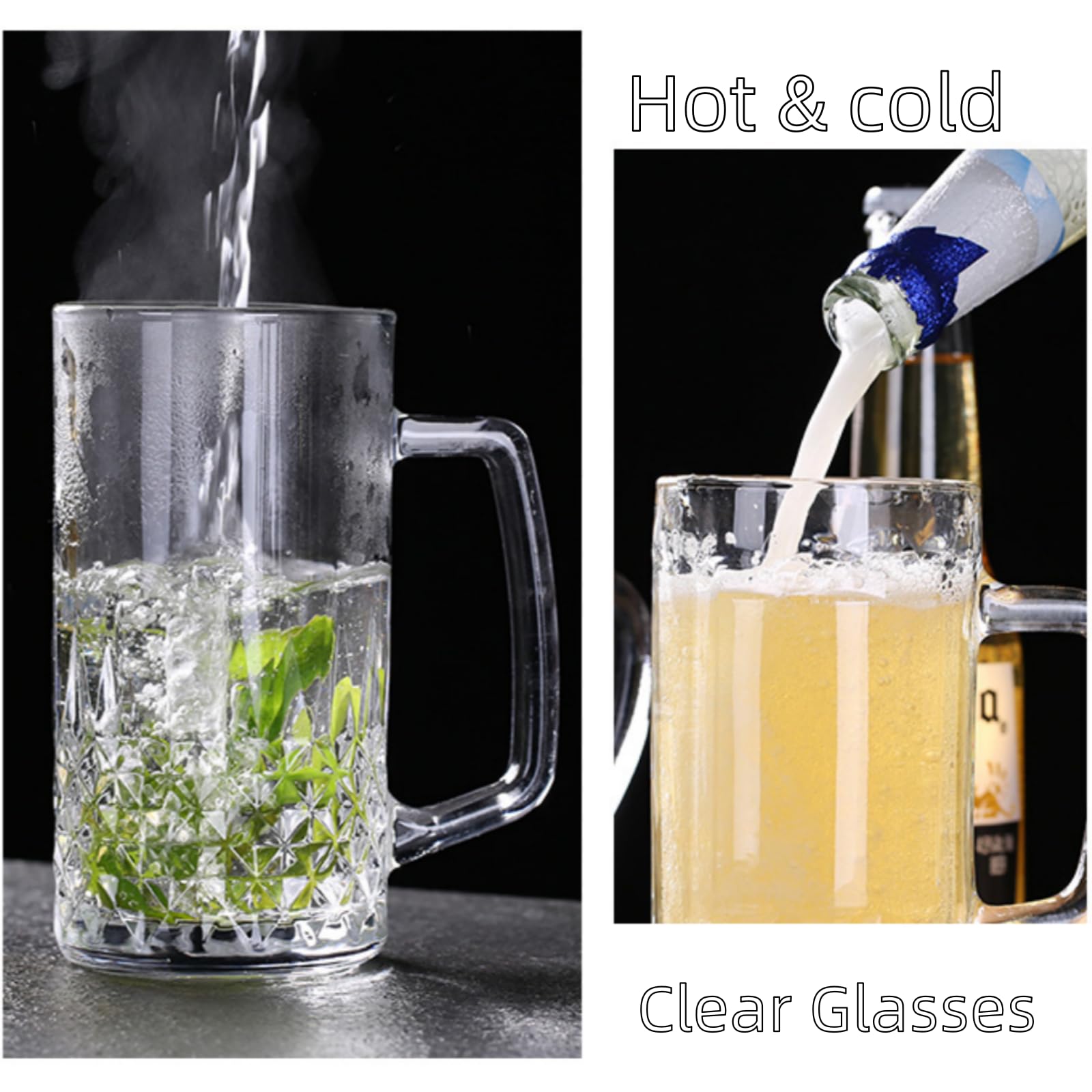 Jarra de cerveza de cristal para congelador, jarra de cerveza grande y pesada de 21 onzas con asa, vasos de vidrio transparente esmerilado para cerveza de raíz, agua, beber, 2 unidades