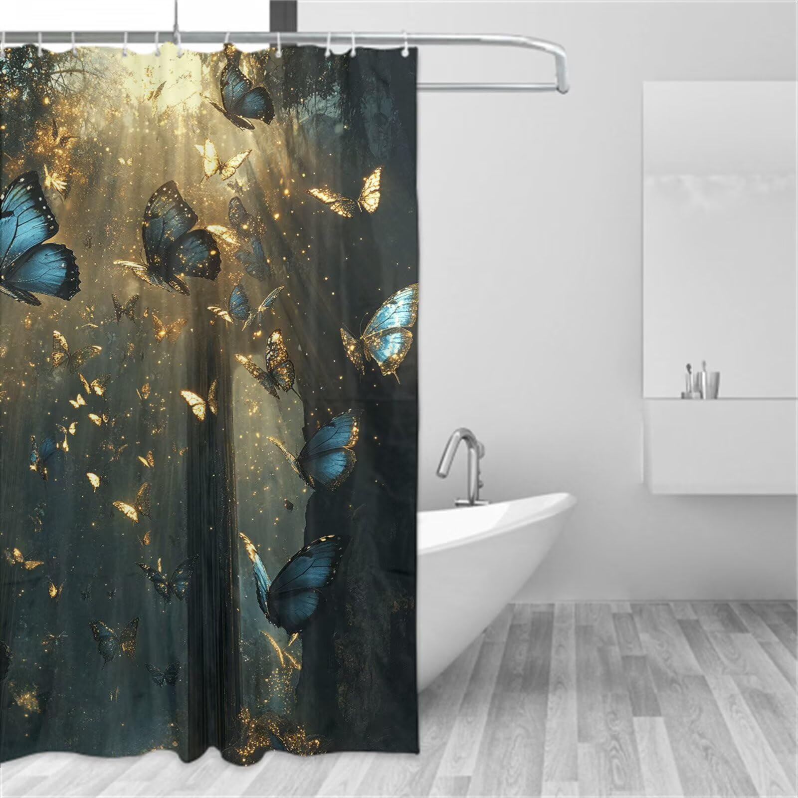 Duschvorhang 240x200 cm, Shower Curtains Schmetterling, Duschvorhänge Wald Wasserabweisend, Antischimmel, Waschbar Extra Breit Polyester Stoff Badevorhänge mit 12 Ringe, für Badewanne 9Q-220
