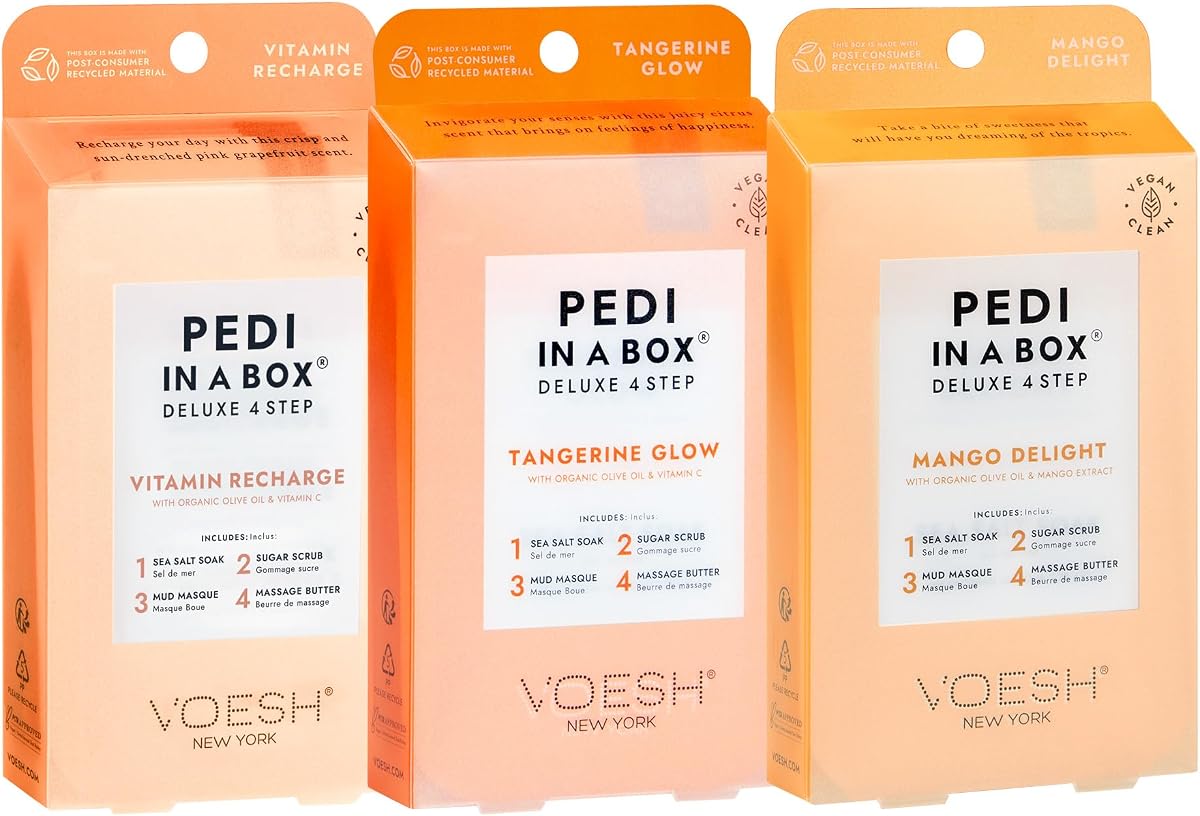 VOESH Pedi in a Box 4 Step, Set de pedicura, Pedicura en casa, Pedicura DIY, Tratamiento de pies, Suministros de pedicura, Exfoliante para pies, Spa para pies, Cuidado de pies, Terapia de pies