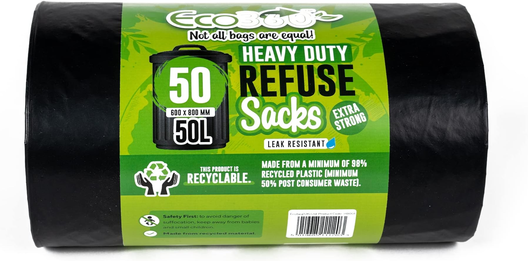 EcoBag EcoBag-50 Sacchi per rifiuti Resistenti, 50 l, Nero, 1200 Rim X 800 L