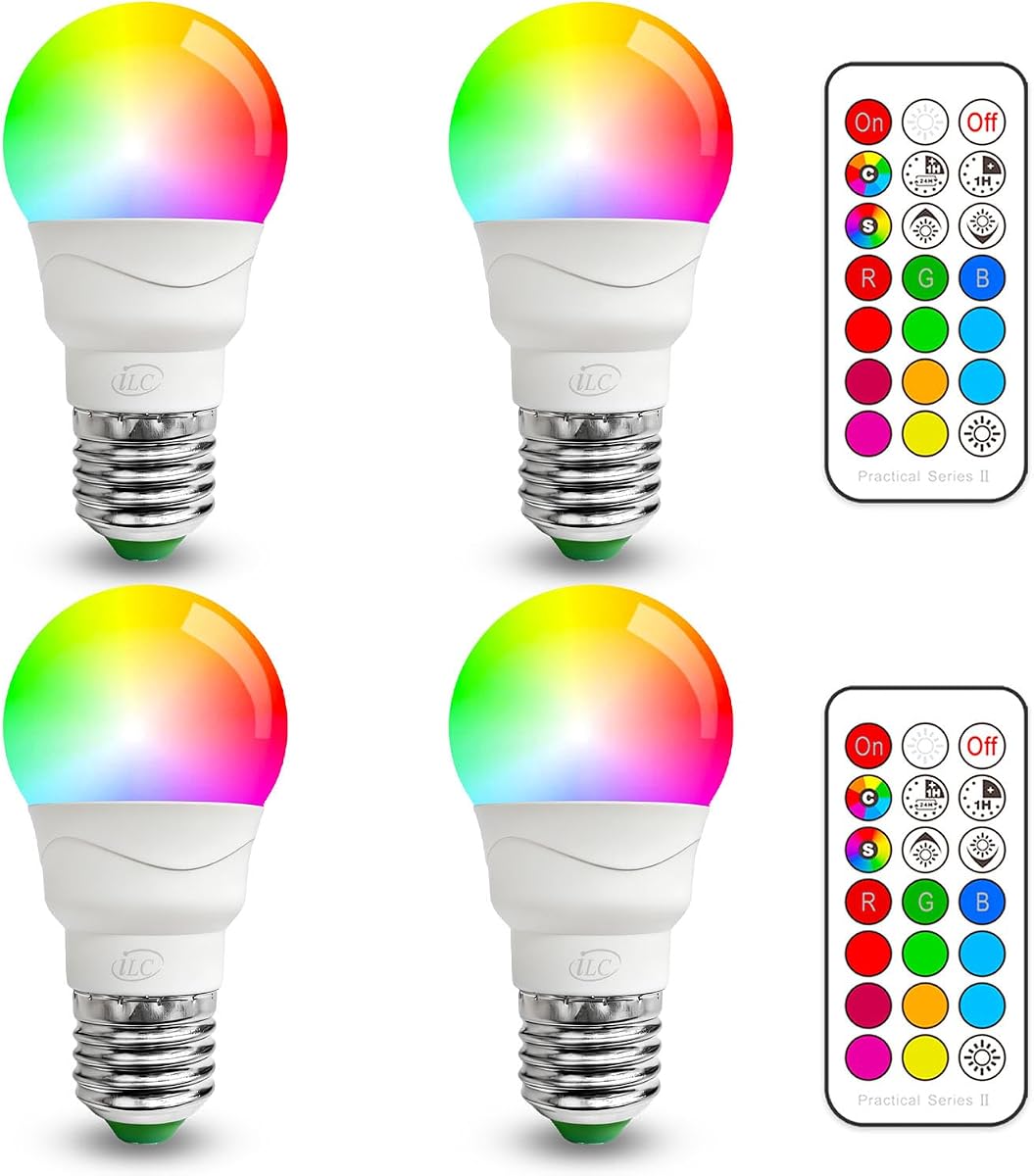 ILC Bombilla LED que cambia de color, equivalente a A15 40 W, luz blanca diurna de 5000 K, 450 lm 5 W E26 base de tornillo RGBW, bombilla de luz de humor - RGB 12 opciones de color - Control remoto por infrarrojos de sincronización incluido (paquete de 4)