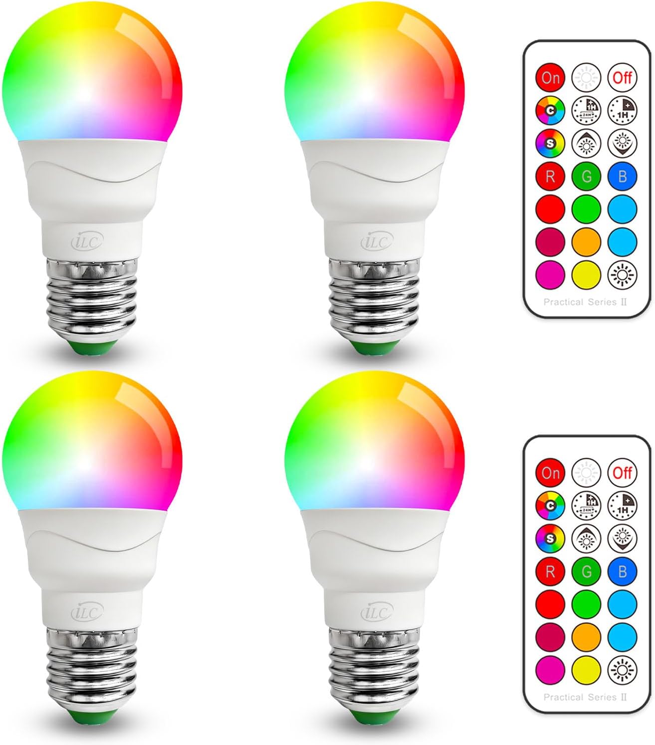 iLC RGB Color Changing LED Bulb 4-Pack: Dimmable 450LM E26, 12 Colors, Remote Control, Timing, Sync & Mood Lighting