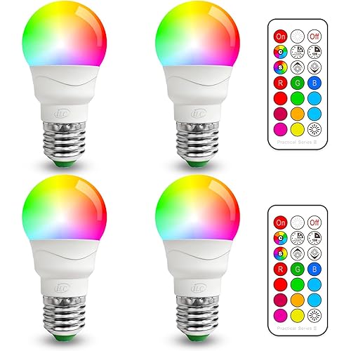 ILC RGB LED Light Bulb, Color Changing 40W Equivalent, Daylight White, 450LM Dimmable 5W E26 Screw Base RGBW, Mood Light Bulb - 12 Color Choices - Timing Infrared Remote Control Included (4 Pack)