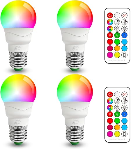 ILC Color Changing LED Light Bulb, A15 40W Equivalent, 5000K Daylight White, 450LM 5W E26 Screw Base RGBW, Mood Light Bulb - RGB 12 Color Choices - Timing Infrared Remote Control Included (4 Pack)