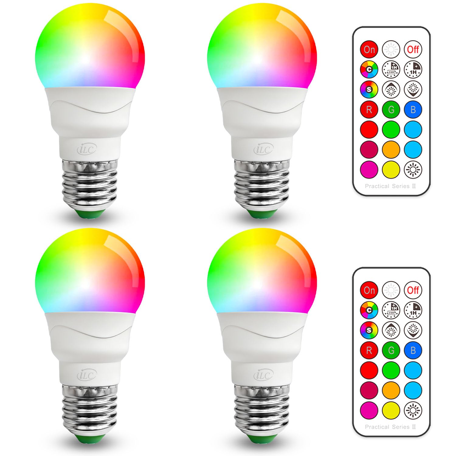 Ilc Rainbow Color Changing LED Light Bulb, 4 Pack, 5W E26 Screw Base, 450LM Dimmable, Multicolor, 40W Equivalent, 12 Color Choices, Infrared Remote Control Included