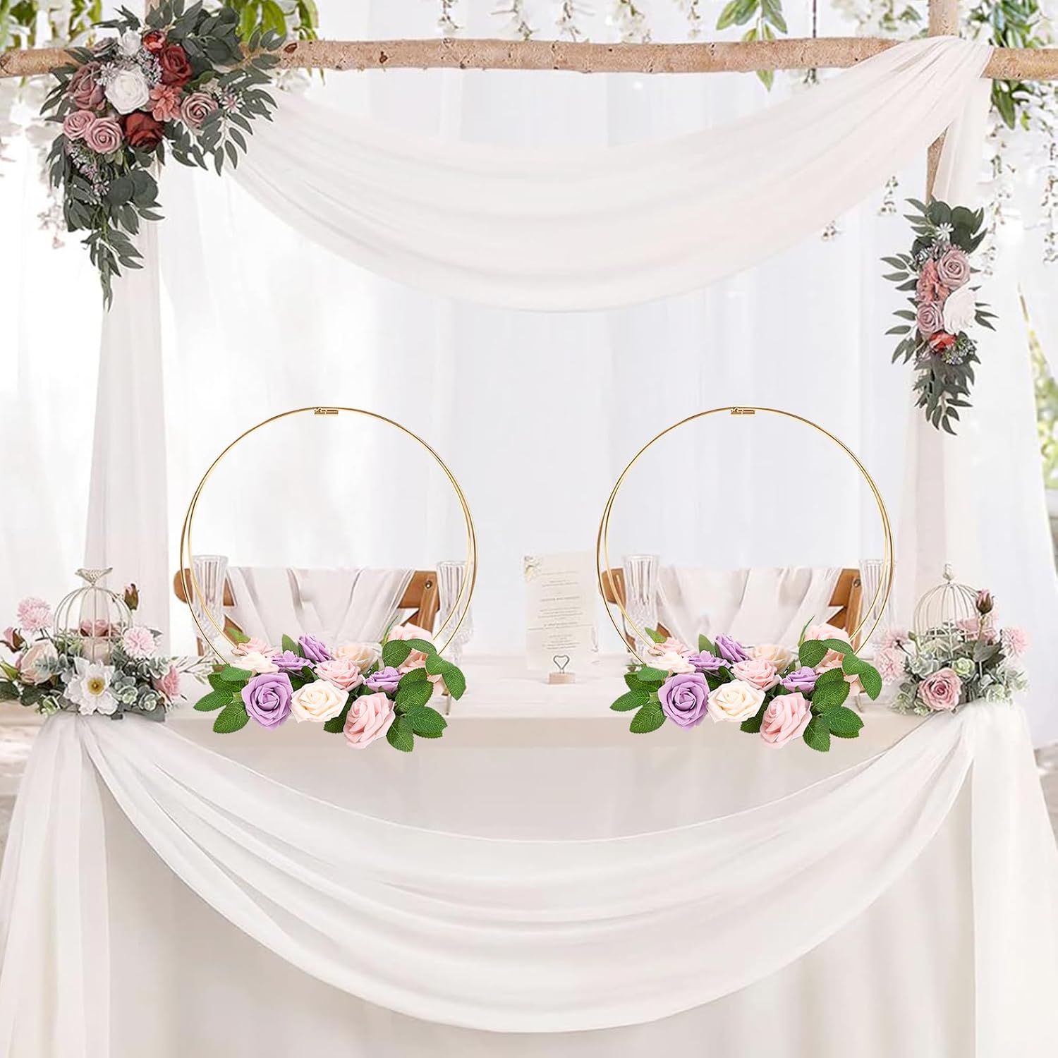 4 Pack 14" Floral Hoop Centerpiece with Stand, Metal Double Foral Hoop Centerpiece Kit with 12Flowers, 12Leaves, DIY Wreath Ring Stand for Table Decorations Wedding Baptism Party