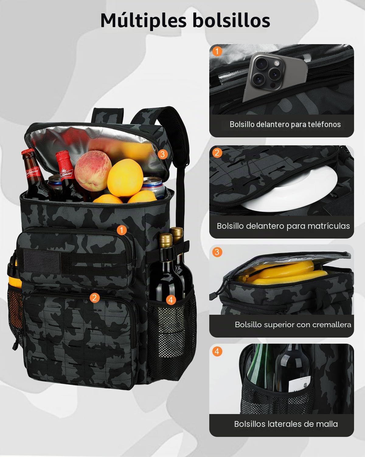 Mochila Nevera Táctica, Mochila Térmica de 30 Latas Aislada y a Prueba de Fugas, 30L Bolsa de Picnic Impermeable para Playa Almuerzo Picnics Senderismo