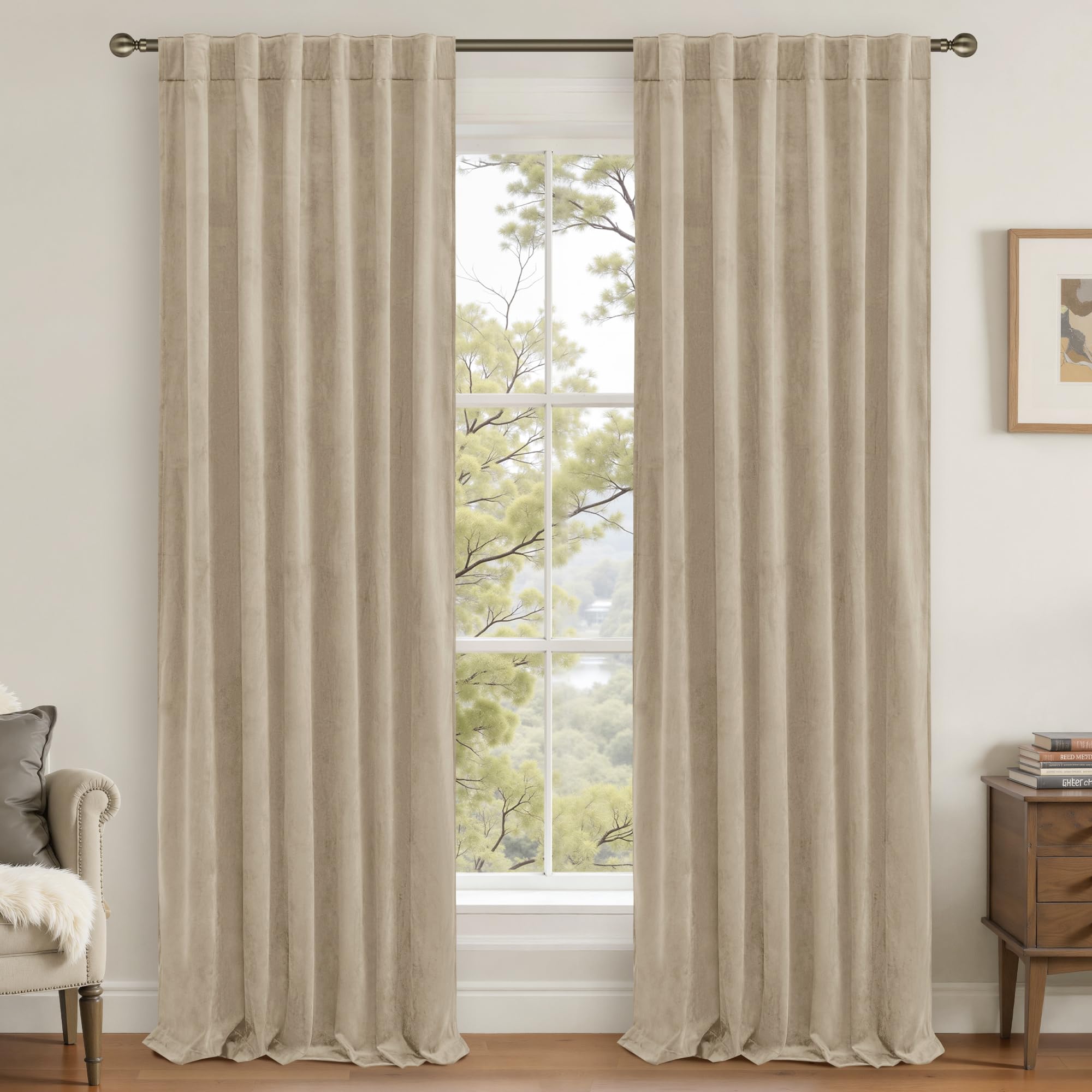 Photo 1 of LAMIT Taupe Velvet Curtains 108 Inch for Living Room, Thick Thermal Insulated Room Darkening Drapes Super Soft Elegant Back Tab and Rod Pocket Panels for Sliding Glass Door, 2 Panels, 52 x 108 Inch
