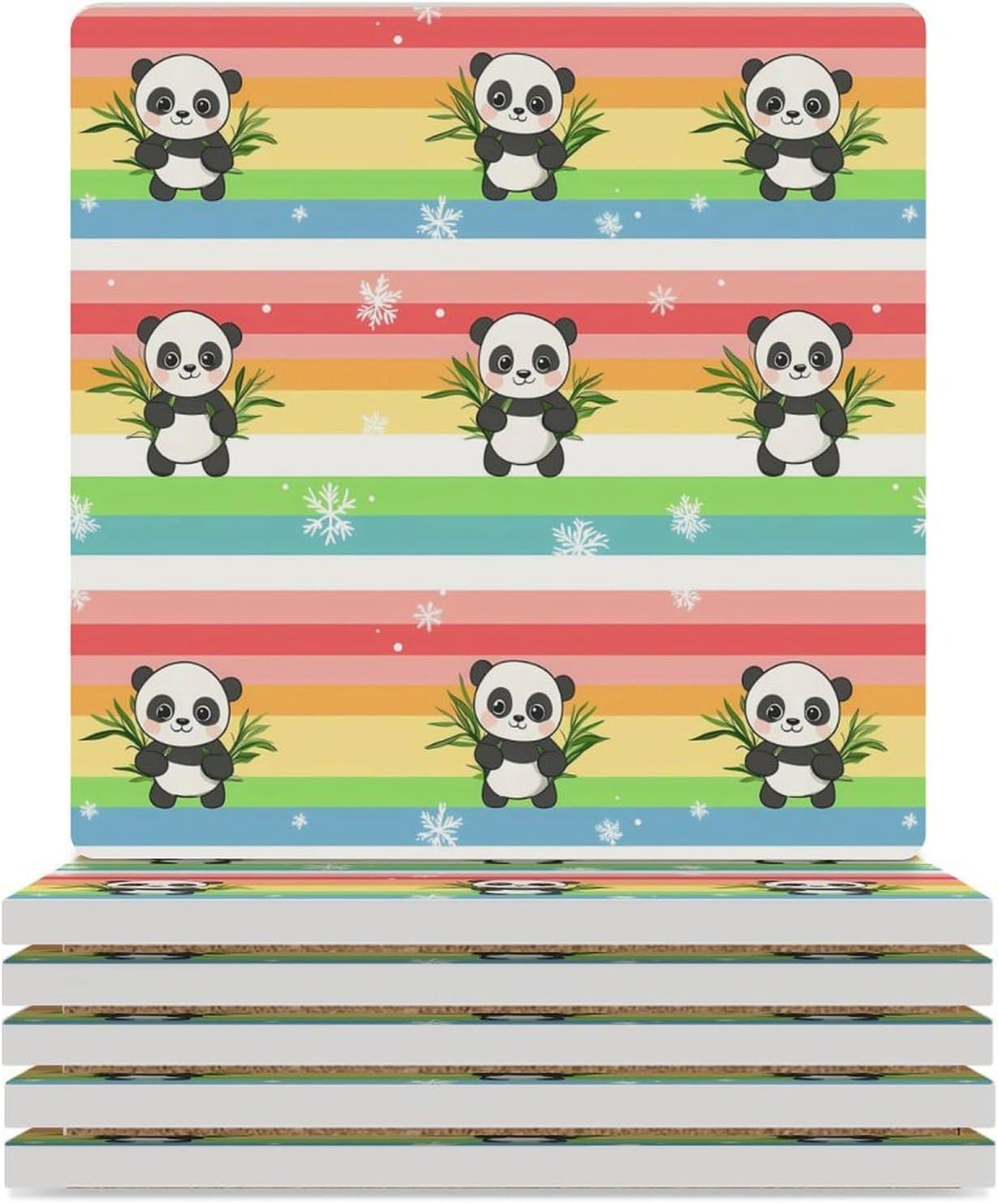 Rainbow Pandas Funny Ceramic Coasters for Drink Absorbent Cup Holders Tabletop Protection