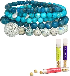 Lisa Hoffman Boho Beaded Bracelet for Women with Floral Charm, Genuine Faceted Gemstones, Handmade Bracelets with Fragrance Beads, 5 Stretch Bracelet Set and 3 Fragrances