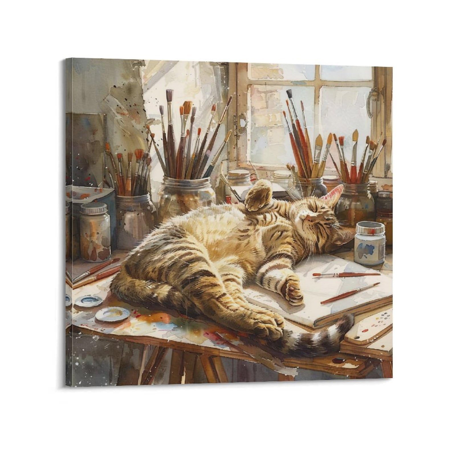 OKAHYS Vintage Sleeping Tabby Cat Watercolor Artwork Poster Decorative Painting Canvas Wall Artworks Picture 20x20inch(50x50cm)