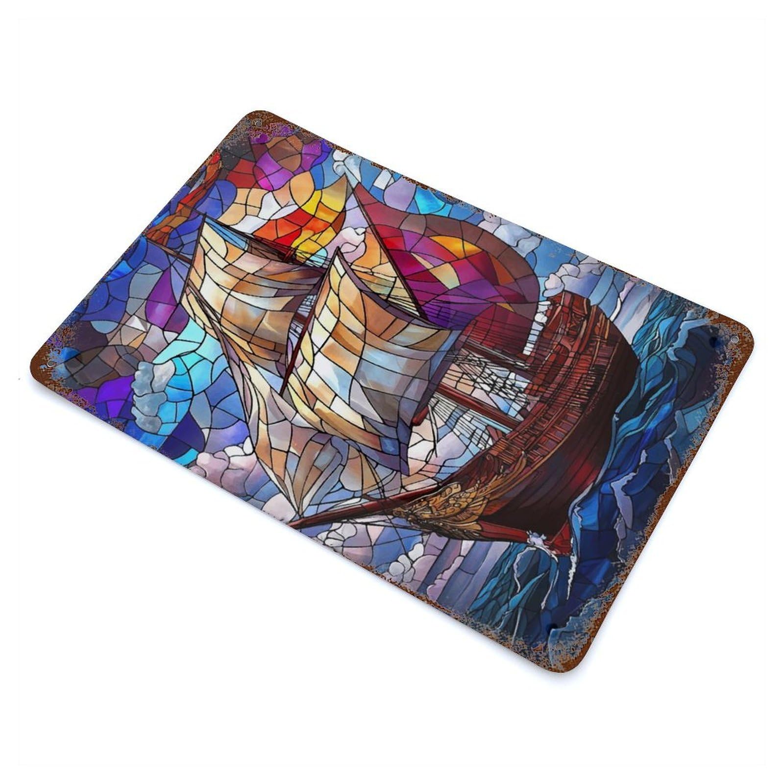 Stained Glass Ship Rusty Metal Tin Sign 11.8"x7.9", Ideal for Farmhouse, Kitchen And Entryway Decor