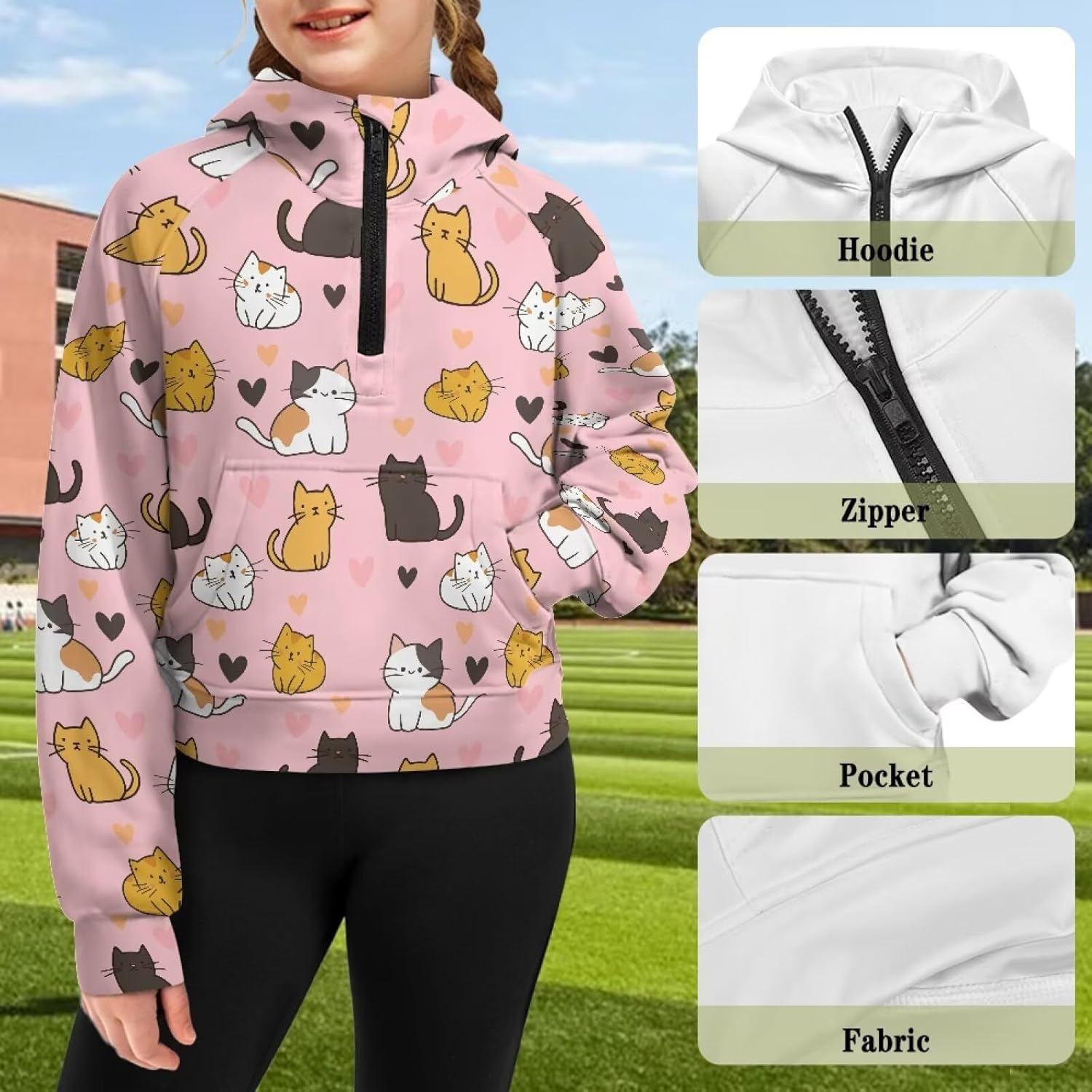 Girls Long Sleeve Casual Hoodies with Pocket Zip Up Hoodie Sweatshirt Loose Fit Cropped Pullover Sweatshirts Tops