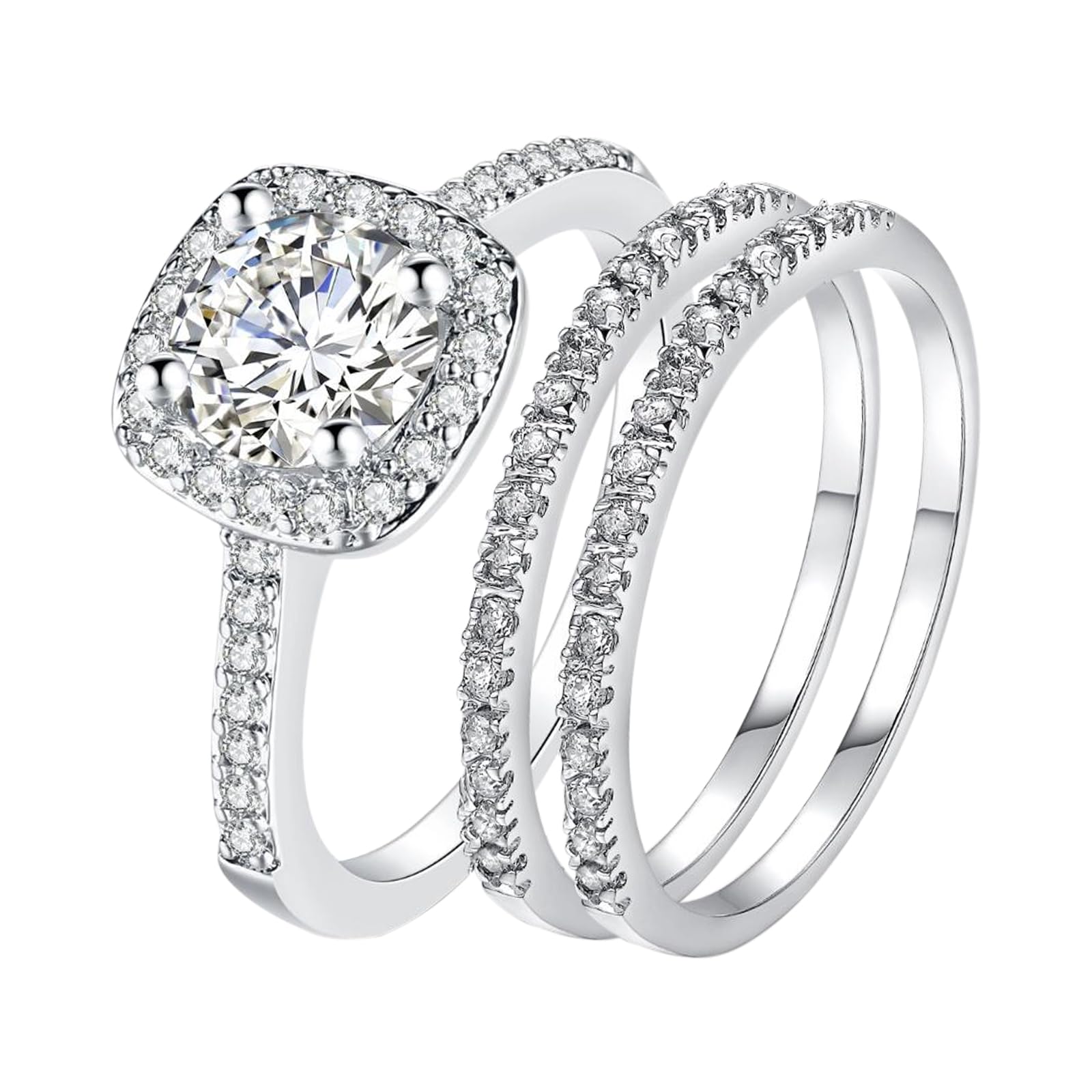 Bague Couple Acier Inoxydable - Homme Finition Brossée, Femme Zircon Cubique 3 Anneaux - Tailles 49 à 70 - Cadeau Saint-Valentin, Mariage