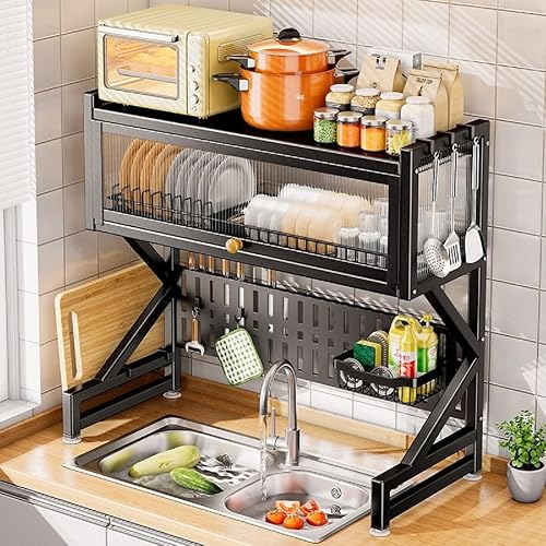 Miniatura 10 de Gdrasuya10 Escurridor de platos de acero de 34 pulgadas sobre el fregadero, escurridor de platos de cocina de 2 niveles con escurridor, escurridor