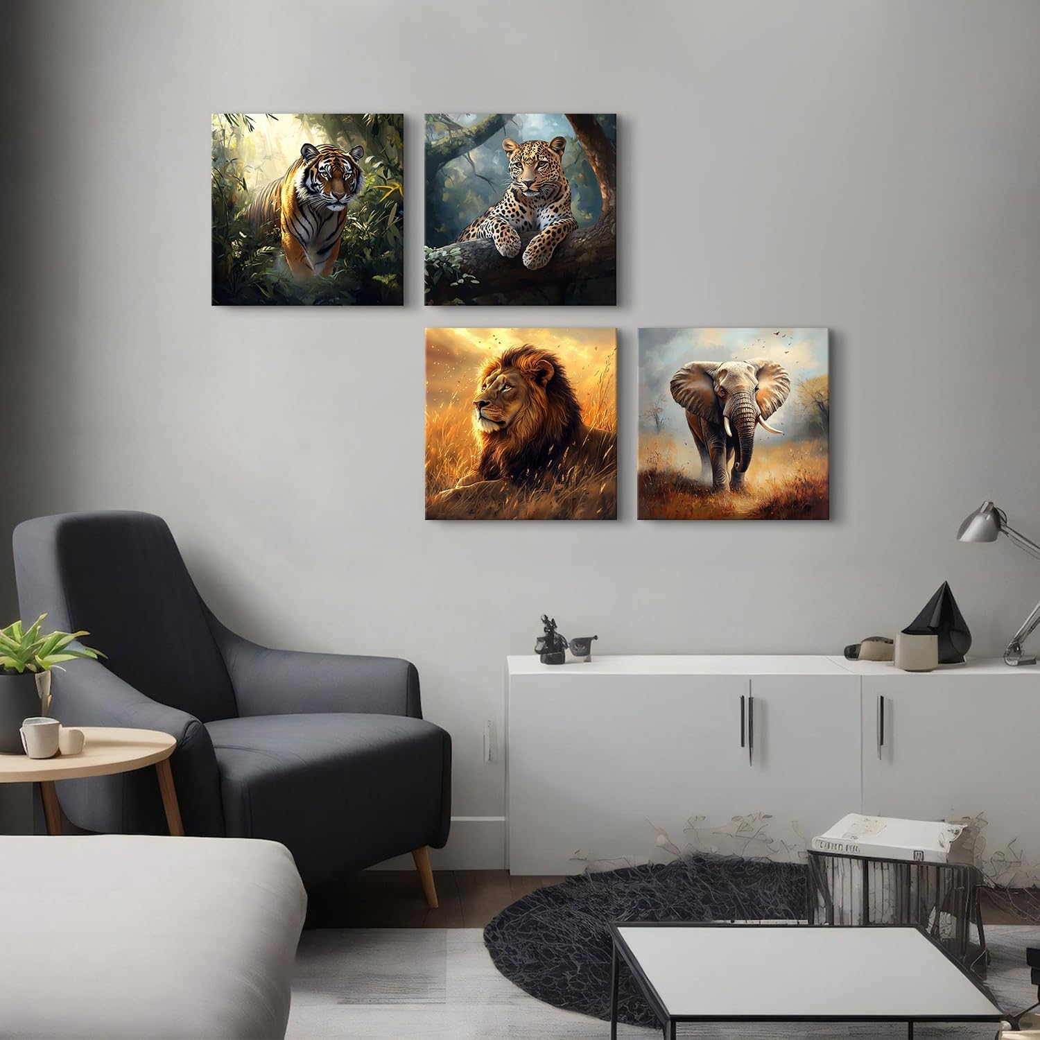 Wild Animal Lion Wall Art Wildlife Safari Wall Decor for Nursery Vintage African Elephant Canvas Pictures Tiger Panther Posters Jungle Forest Animals Paintings Artwork Living Room Decoration 12x12" 4P